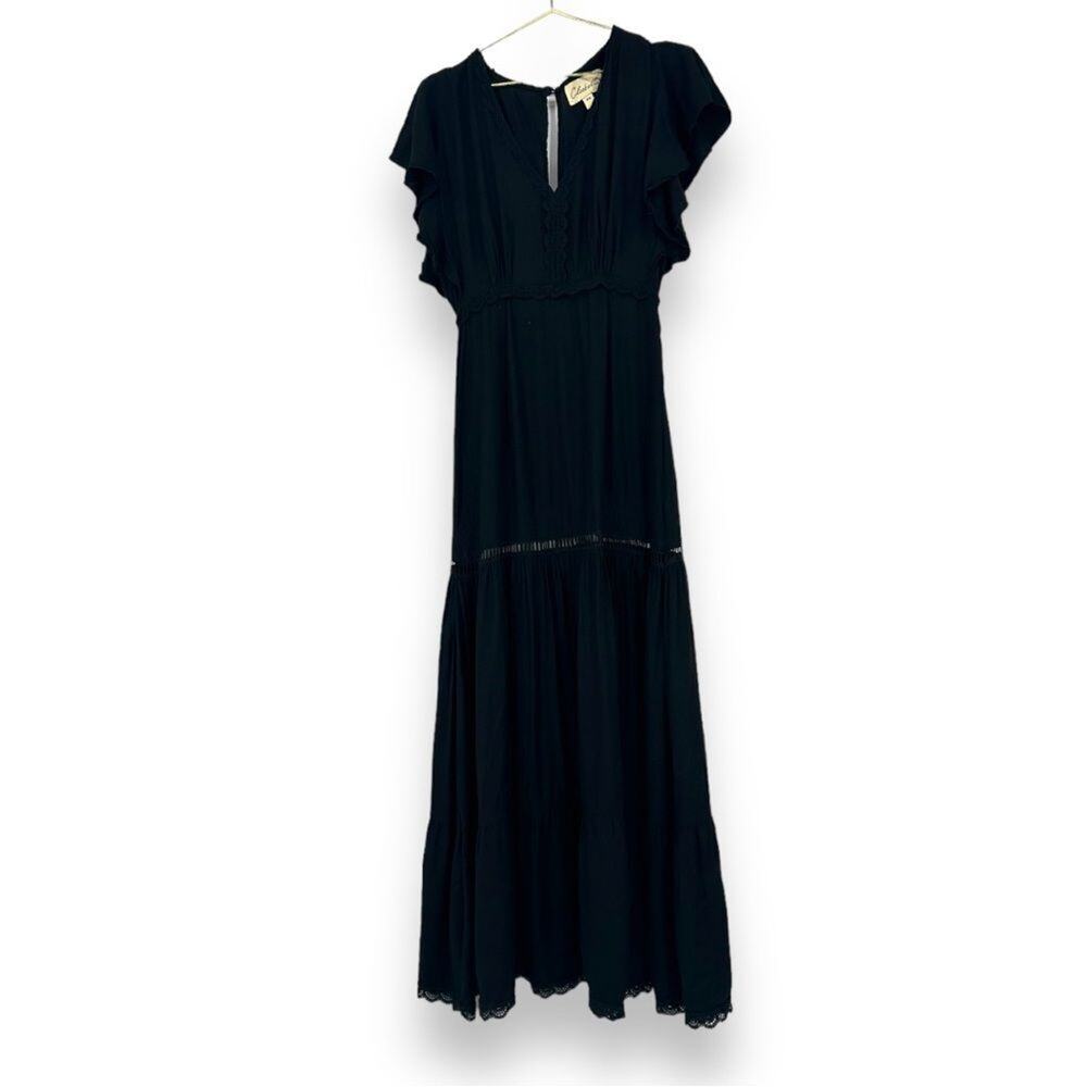 Cleobella Black Tiered Lace Trim Maxi Dress Flutter Sleeve Boho Casual XS